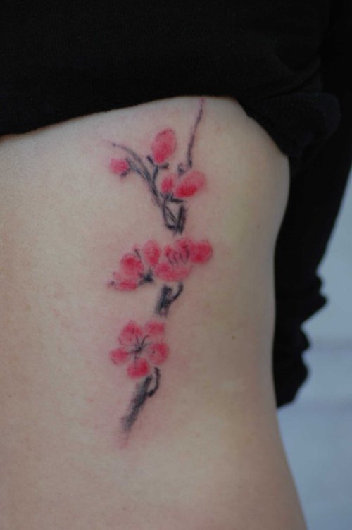 Unique Left Rib Side Cherry Blosoom Tattoo